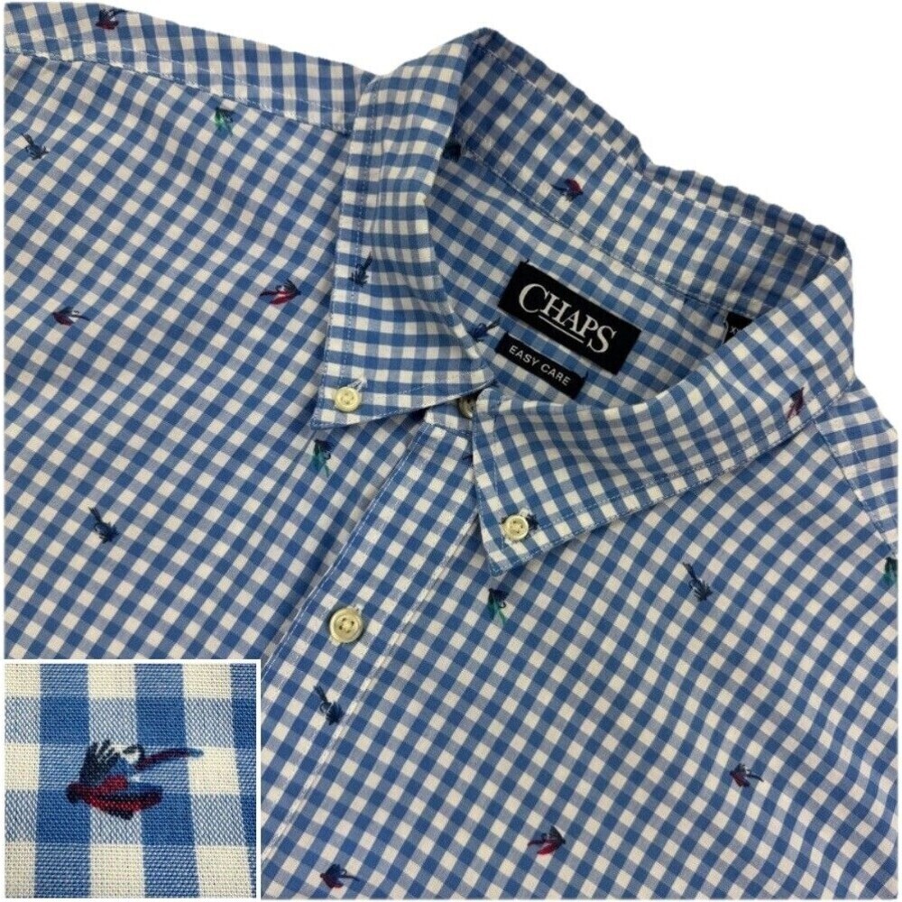 Chaps Mens XXL Fly Fishing Shirt Blue Gingham Button Down Short Sleeve